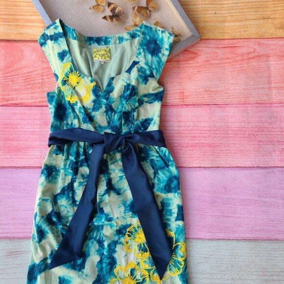 Anthropologie Floreat Blue‎ Floral Beaded Mini Pleated Sheath Dress 4 - Picture 4 of 7